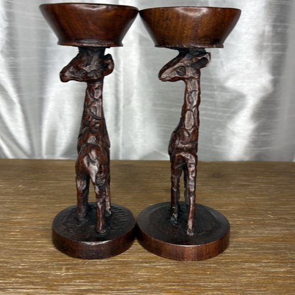 Vintage Art Deco Wooden Giraffe 6” Candle Holder Hand Carved Dark Wood Set of 2 - Picture 4 of 10